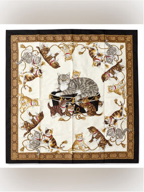 Cat Print Silk Style Scarf Neutral Kitten Square Designer-Inspired Pet Scarf
